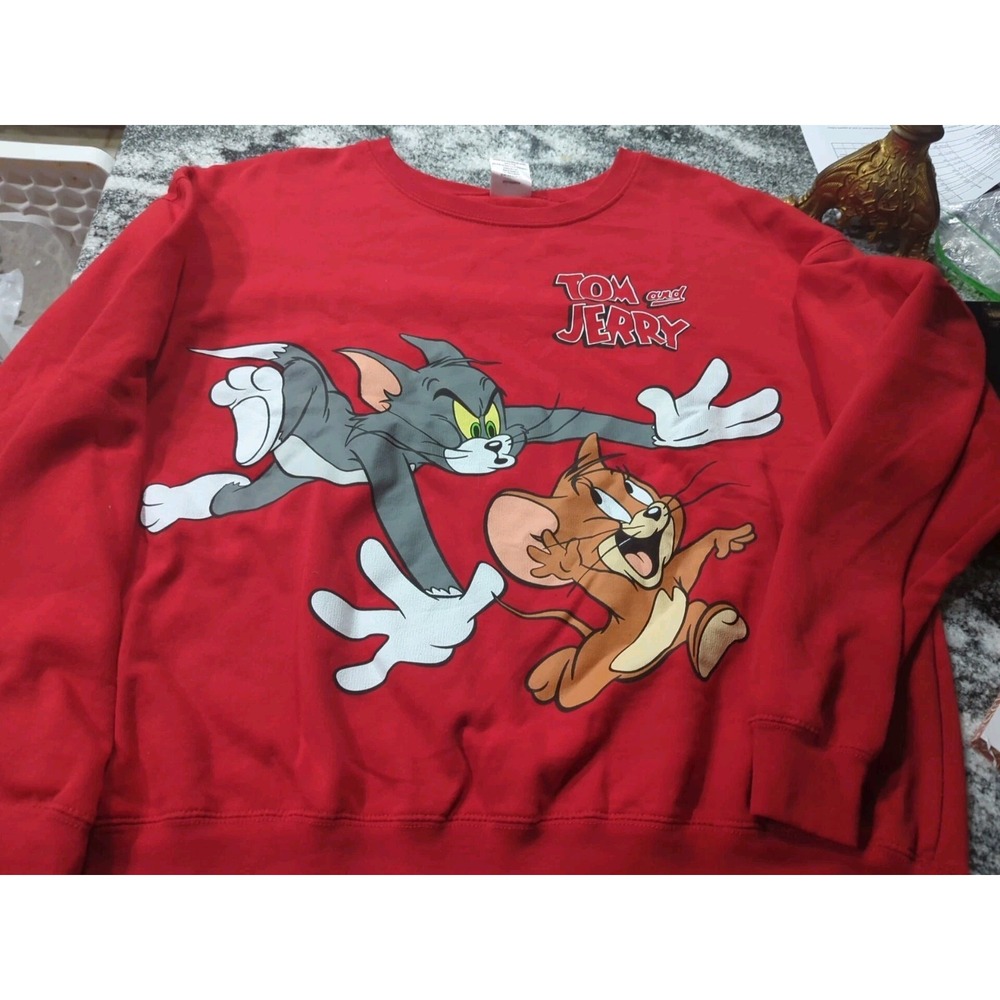 Vintage Tom And Jerry Crew Neck Long Sleeve Pullover Sweatshirt Red Adult 2XL